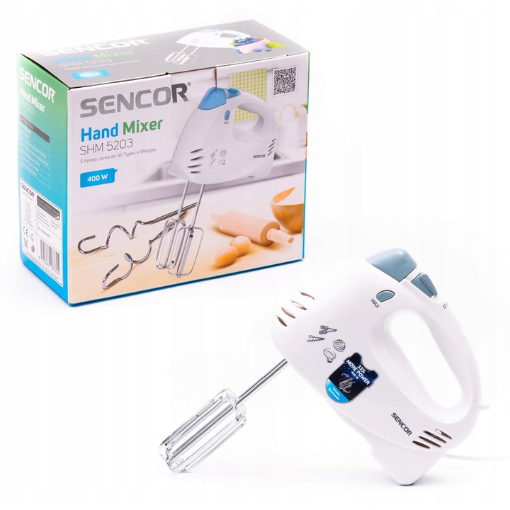 Ръчен миксер Sencor SHM 5205, 500W, 5 скорости, турбо, бял