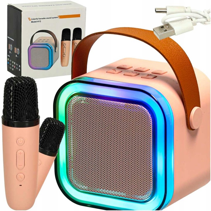 Ikonka karaoke szett 2 mikrofonnal, hordozható hangszóró, rózsaszín 8,8x7x8,8cm