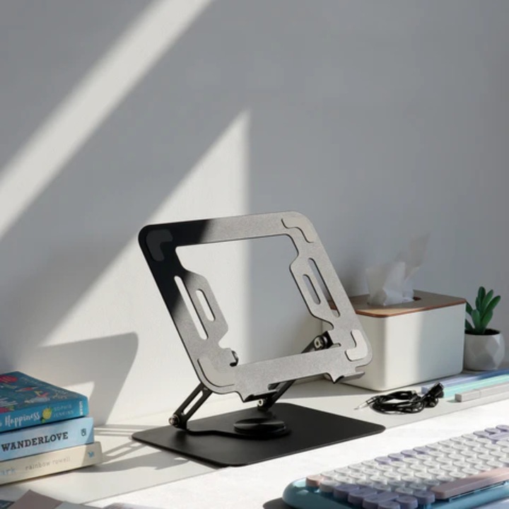 Ikonka laptop tartó, 360°-ban állítható, alumínium, összecsukható, csúszásmentes felületekkel és magasságállítással, matt fekete, 1 db