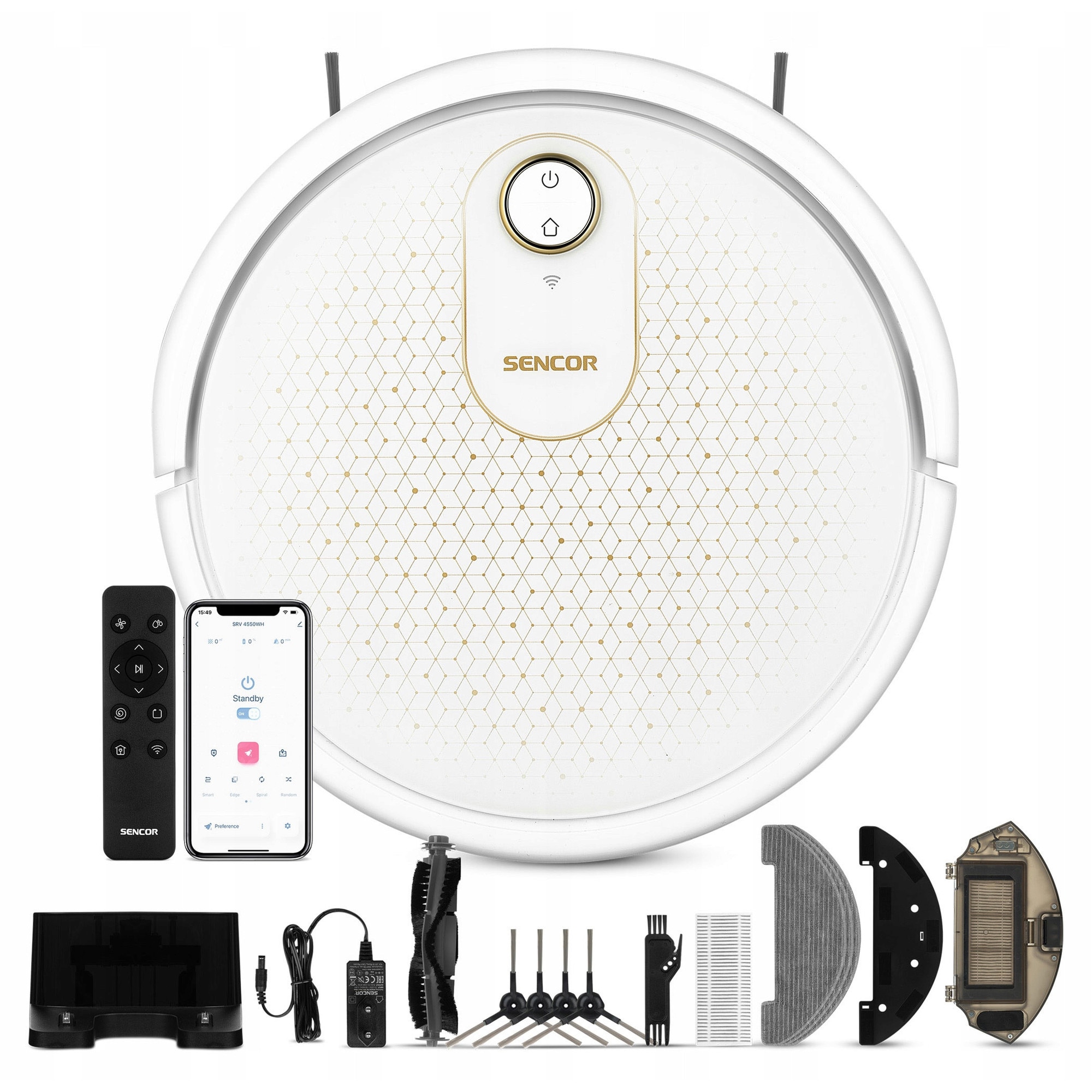 Aspirator robot Sencor SRV 4550WH, robot aspirator cu mop si aspirare simultana, navigatie giroscopica Smart Gyro, autonomie 100 min, baterie 2600 mAh, 3 niveluri de suctiune, Alb, 1 buc