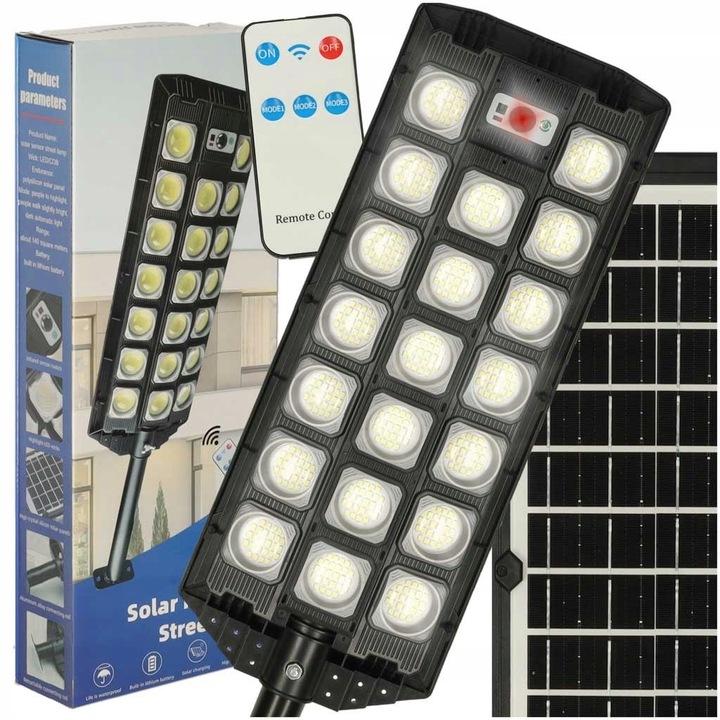 Lampa solara LED Ikonka KX3093, proiector pentru exterior cu senzor miscare PIR 10 m, 20.000 lm, panou solar 60W, telecomanda, IP65, Negru, 1 buc
