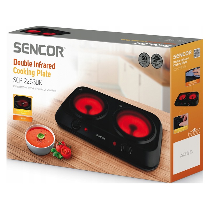 Plita electrica Sencor SCP2263BK, 2 zone, ceramica, negru, 50.4x30cm