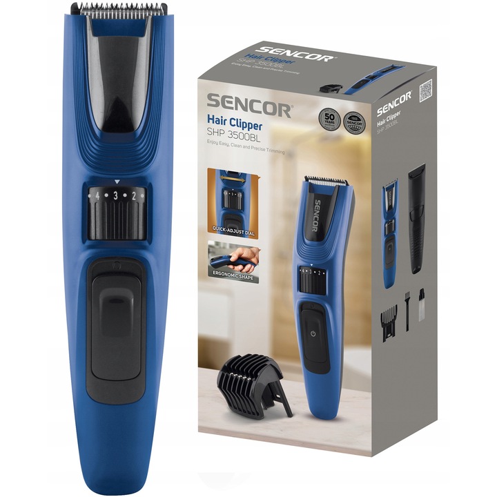 Машинка за подстригване, тример Sencor SHP 3500BL, Li-Ion батерия 500 mAh, 60 мин. автономна работа, 20 настройки за дължина 0,5-10 мм, острие от неръждаема стомана 28 мм, син, 1 бр