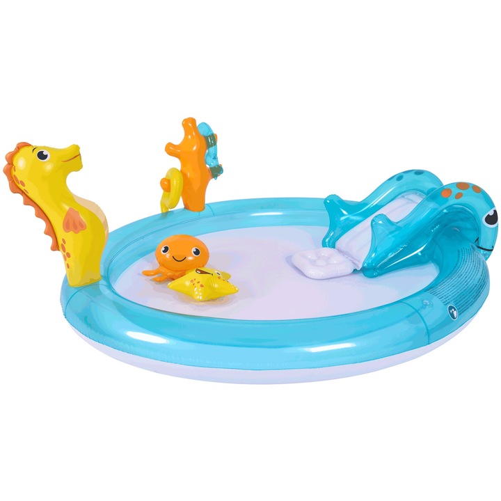 Piscina gonflabila ovala Jilong SunClub cu tobogan, podea gonflabila, 4 jucarii gonflabile, include set de reparare, Albastru, 200 x 152 x 40 cm