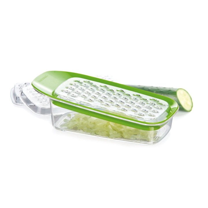 Tescoma VITAMINO multifunkcionális reszelő 3 műanyag pengével, tárolóedénnyel, mosogatógépben mosható, zöld/átlátszó, 22x10 cm, 1 db