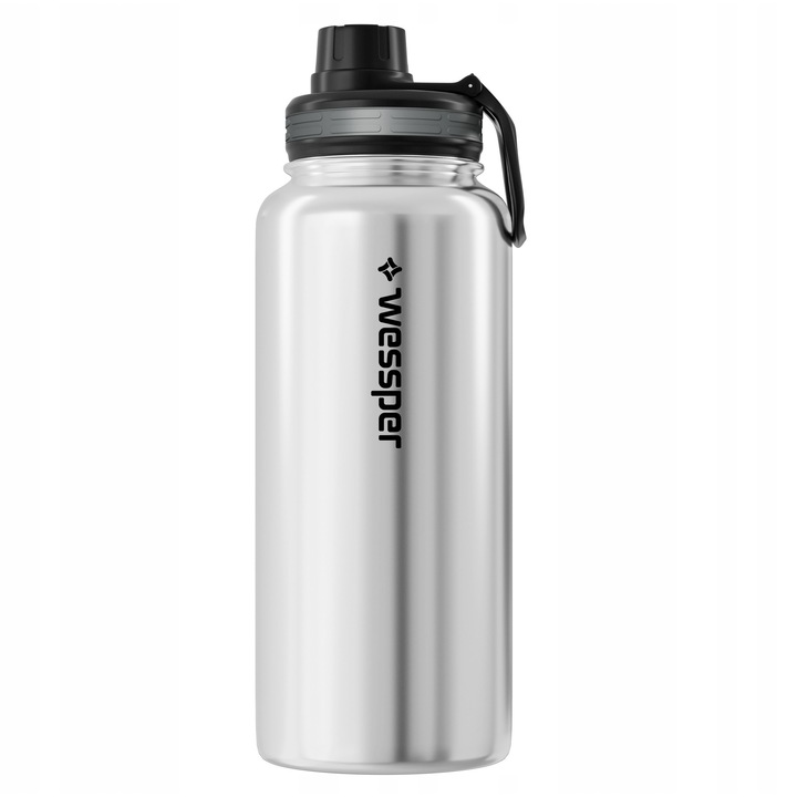 Bidon termic Wessper ActiveMax Steeline din otel inoxidabil, 3 capace pentru sport si exterior, etans, Argintiu, 1000ml