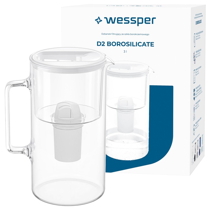 Филтрираща гарафа, филтрираща кана Wessper D2 Borosilicate от боросиликатно стъкло, с филтър Aquaclassic 1x, Бяла, 3 л