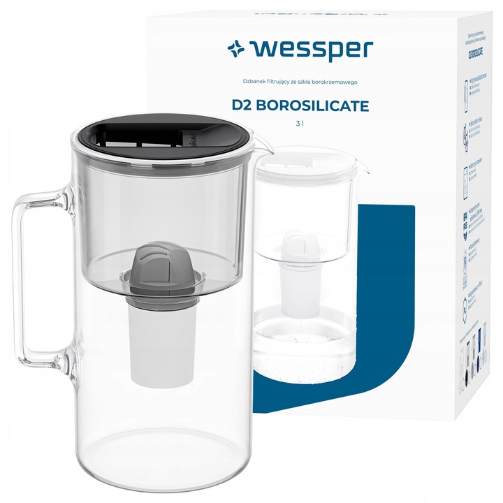Филтрираща кана Wessper D2 BOROSILICATE от боросиликатно стъкло, с филтър Aquaclassic (намалява варовик, хлор и тежки метали), подходяща за съдомиялна машина, Черна, 3 л