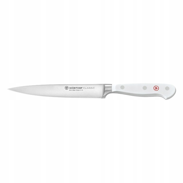 Wusthof Classic White univerzális kés, króm-molibdén-vanádium acélból kovácsolva, Precision Edge (PEtec) technológiával élezett, 58 HRC keménységű, fehér, 16/28 cm
