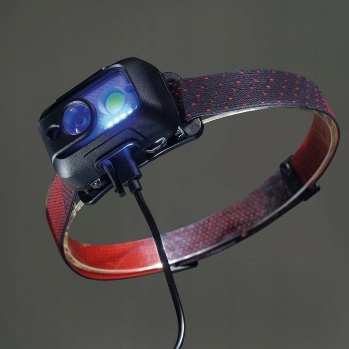 Челен фенер Tiross TS-1971, със сензор, LED 5W CREE XPG2 + 3W COB, акумулатор 3,7V 1800mAh, зареждане USB-C, IP44, черен/червен, 1 бр.