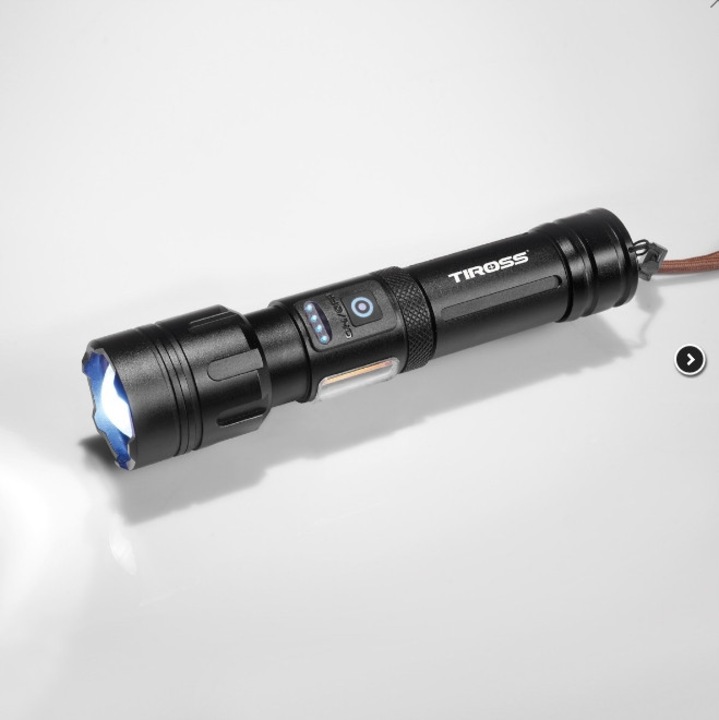 LED фенер Tiross TS-1887, XHP70 20W 1300 lm, с увеличение и COB лампа 150 lm, USB презареждаем, батерия 3500mAh, IPX4, Черен, 1 бр.