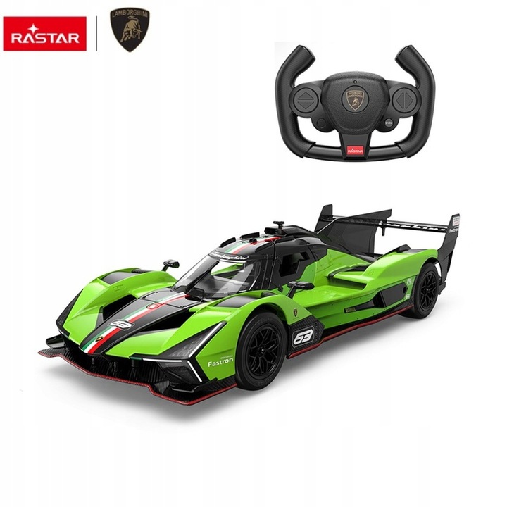 Rastar Lamborghini SC63 LMDH távirányítós autó, 1:14 méretarány, 2,4 GHz frekvencia, LED lámpák, 2 sebesség, gumi kerekek, zöld/fekete, 1 db