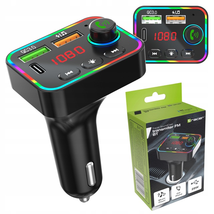 Transmiter FM Bluetooth Tracer SoundCast 25W USB-C LED többszínű kompakt