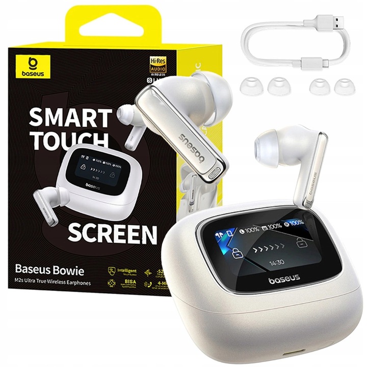 Безжични слушалки Baseus Bowie M2s Ultra TWS, true wireless с екран на кутията, смарт тъч, бели, 1 комплект