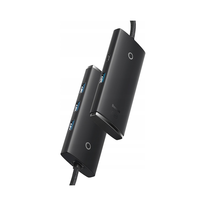 USB-C хъб, Baseus Lite Series 4-Port, OTG адаптер, 4 USB 3.0 порта 5 Gb/s, кабел 25 см, черен