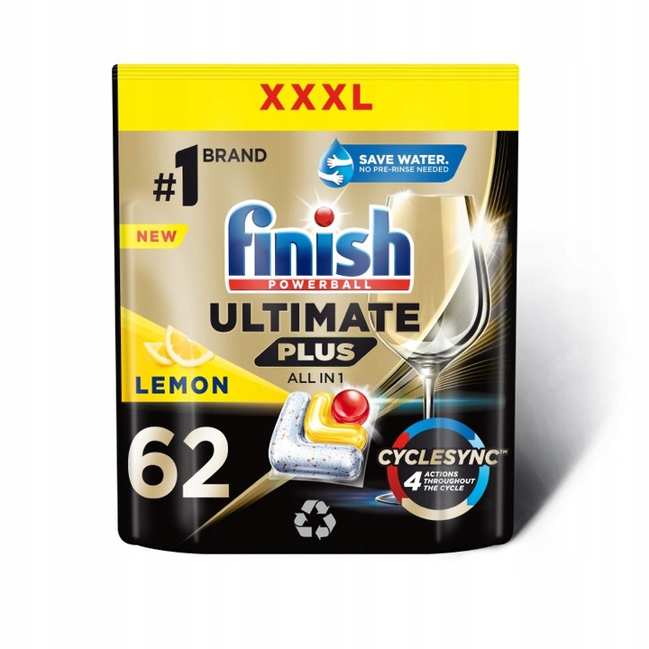 Finish Ultimate Plus mosogatógép kapszula, all-in-1 4 hatással, eltávolítja az odaégett maradványokat és a zsírt, előzetes öblítés nélkül, citrom, 62 kapszula