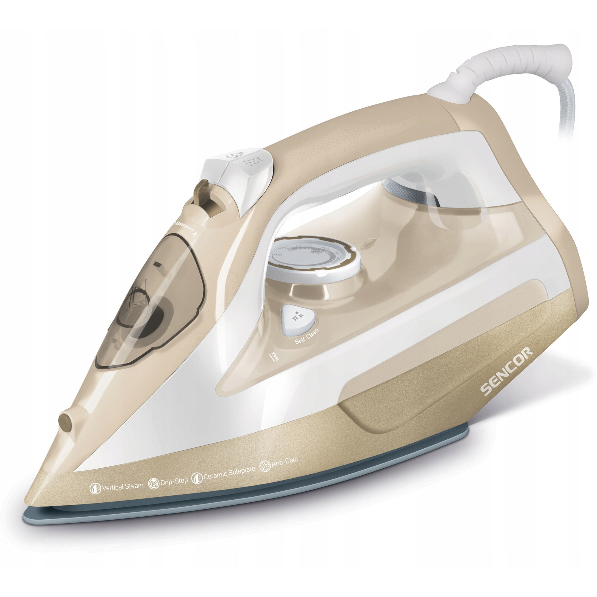 Fier de calcat cu aburi Sencor SSI 6110GD, talpa ceramica, abur continuu 35 g/min, jet de abur 160 g/min, anti-calc, self-clean, drip-stop, 470 ml, bej/alb, 1 buc