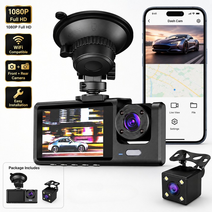 Autó DVR tripla kamera, fedélzeti kamera 3 kamerával (elöl, belső és hátul), Full HD 1080P, 2” IPS kijelző, 170° látószög, Night Vision, G-Sensor, WDR, hurokfelvétel, tolatókamera, fekete