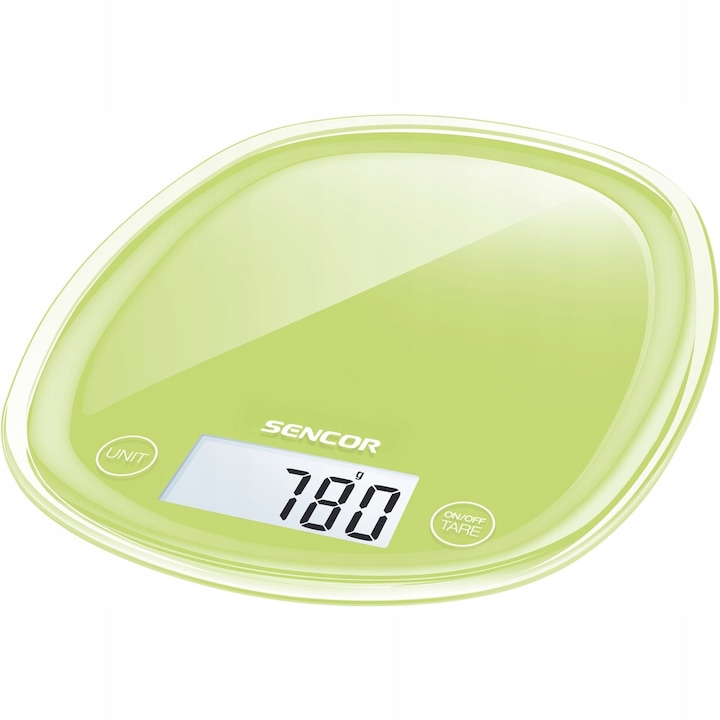 Cantar de bucatarie/balanta Sencor SKS 37GG, precizie 1 g, capacitate 5 kg, ecran LCD iluminat, functie de tarare, verde, 180 x 220 x 26 mm