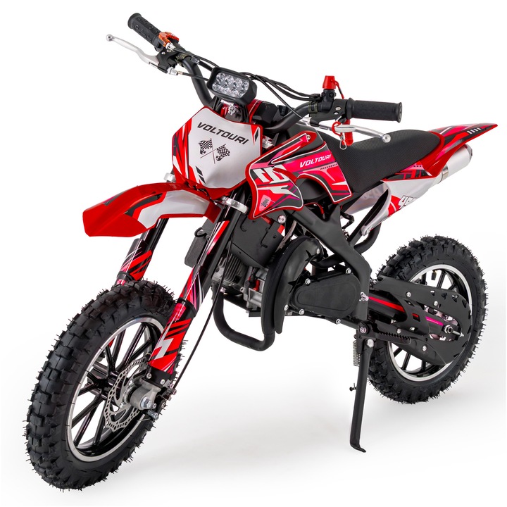 Mini motocicleta cross pe benzina voltouri cr49-e-red, 49cc, e-start, roti 10 inch, frane pe disc, pana la 35 km/h