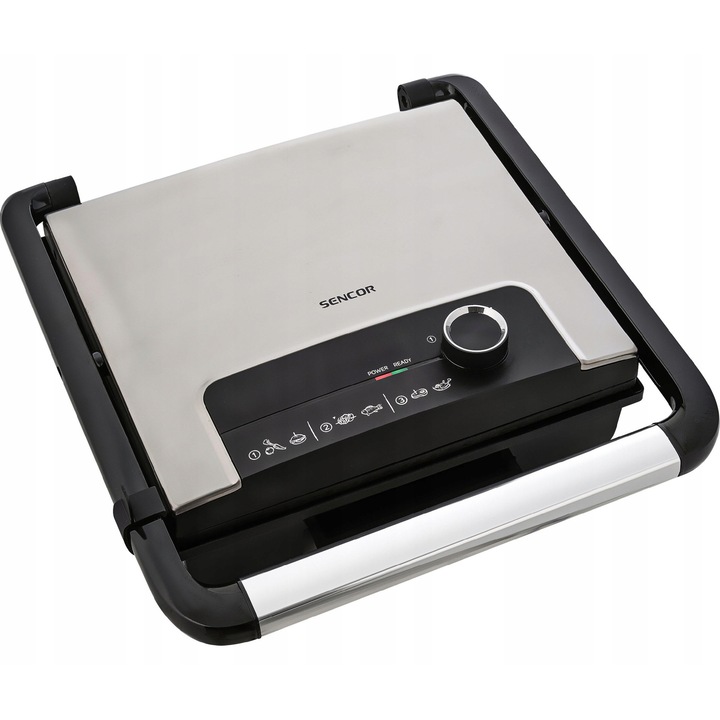 Grill electric de contact Sencor SBG 3710SS 2000 W, placi antiaderente rigate, termostat cu 3 trepte, tehnologie CoolTouch (capac rece), argintiu, 29,8 x 26,8 cm