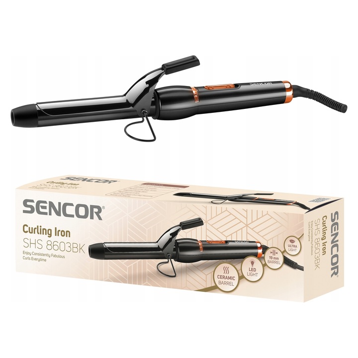 Маша Sencor SHS 8603BK, 19мм, черно-розово злато, въртящ се кабел на 360°, бързо загряване