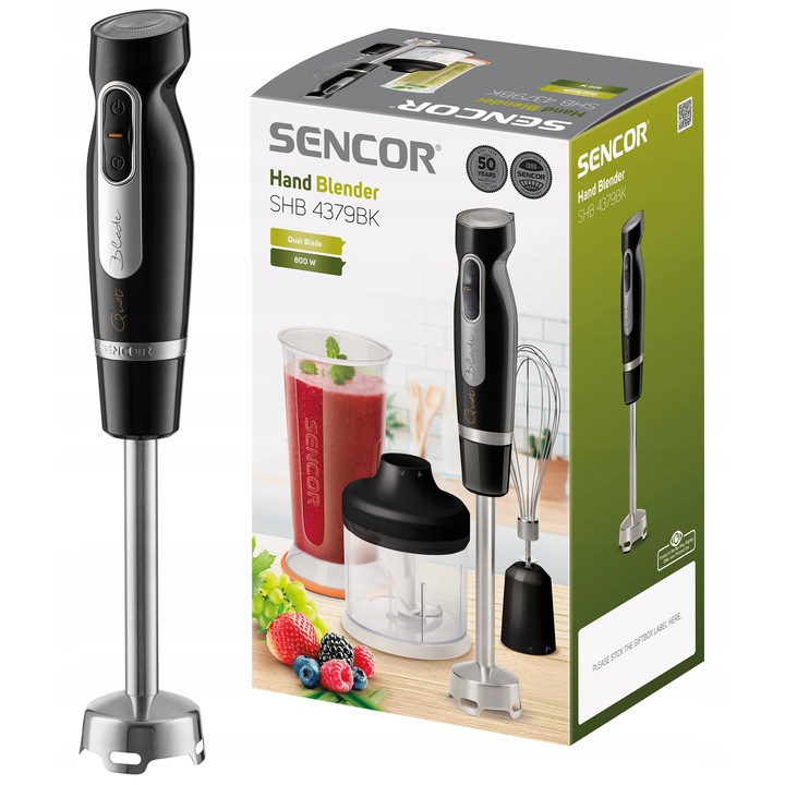 Пасатор Sencor SHB 4379BK, 800 W, функция Turbo и 2 скорости, остриета от неръждаема стомана, черен, чаша 700 мл, чопър 500 мл