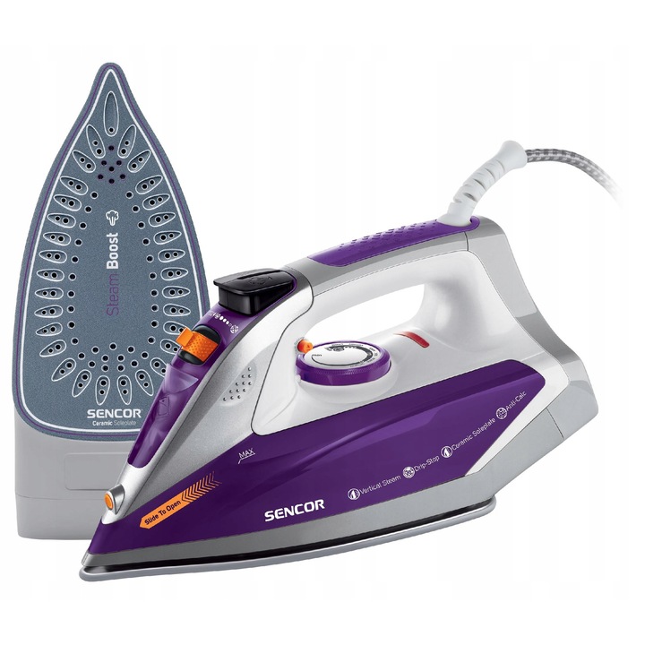 Fier de calcat cu abur Sencor SSI 8710VT, 2400 W, talpa ceramica, impuls de abur 120 g/min, abur continuu 25 g/min, sistem anti-calcar si functie de auto-curatare, blocare picurare, alb/violet, 200 ml