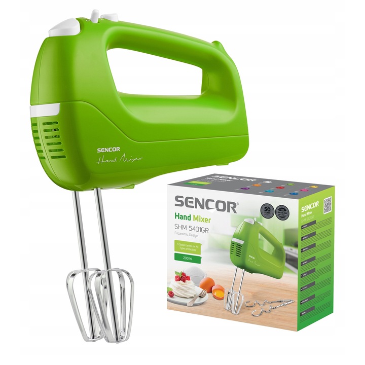 Ръчен миксер Sencor SHM 5401GR, 200 W, 5 скорости, турбо функция, включени бъркалки и куки, зелен, 1 бр.