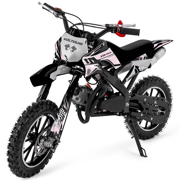 Mini motocicleta cross pe benzina voltouri cr49-white, 49cc, roti 10 inch, frane pe disc, pana la 35 km/h