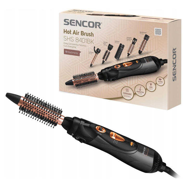 Четка за сушене и оформяне Sencor SHS 8401BK, въртяща се четка, 5 сменяеми приставки, 1000 W, с функция за йонизация, 2 температурни степени, студен въздух, въртящ се кабел, черна