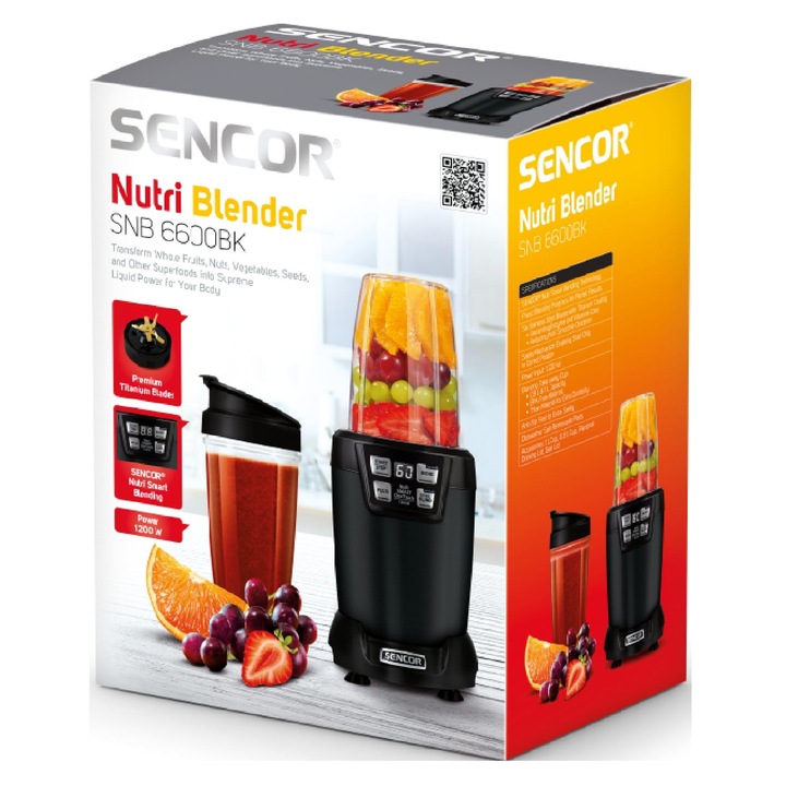 Блендер с купа (миксер) Sencor SNB 6600BK 1200W, 6 остриета с титаниево покритие, черен, 0.8/1.0 л