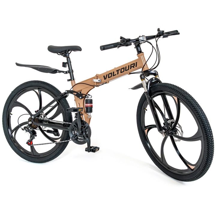 Bicicleta de munte pliabila voltouri 26 inch, suspensie dubla, shimano 21 viteze, frane pe disc