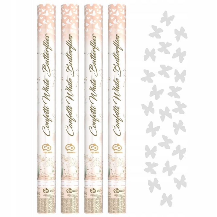 Set 4 bucati, tuba confetti GoDan Go Feelings, pneumatica, confetti din hartie in forma de fluturi, alb, 4 x 60 cm