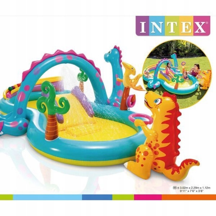 Intex felfújható medence gyerekeknek 57135, csúszdával és kosárlabda palánkkal, locsolóívvel tömlőhöz, Többszínű, 333 x 229 x 112 cm