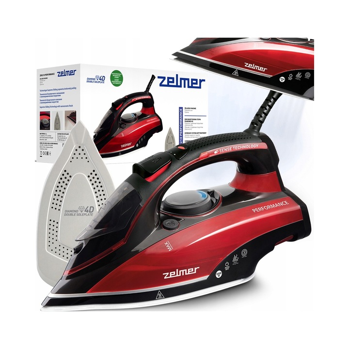 Fier de calcat cu abur Zelmer ZIR3210 Performance, 3200 W, talpa ceramica Diamond 4D, debit abur 65 g/min, impuls abur 220 g, sistem anti-picurare si anti-calcar triplu, functie de auto-curatare, negru/rosu, 1 buc