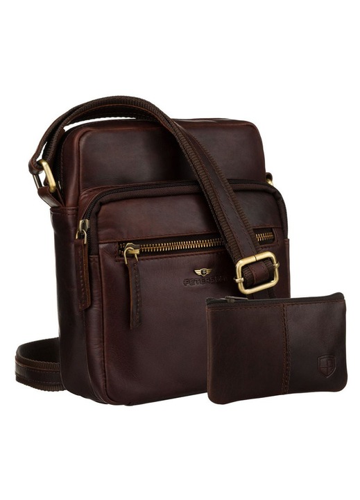 PETERSON férfi crossbody táska, Valódi bőr, Barna, 22 x 19 x 9 cm, Cipzáras csat, 5 zseb