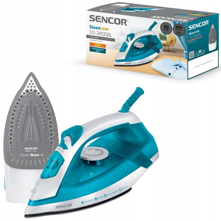 Fier de calcat cu abur Sencor SSI 2800BL, ceramic, albastru, 2200W, 220ml