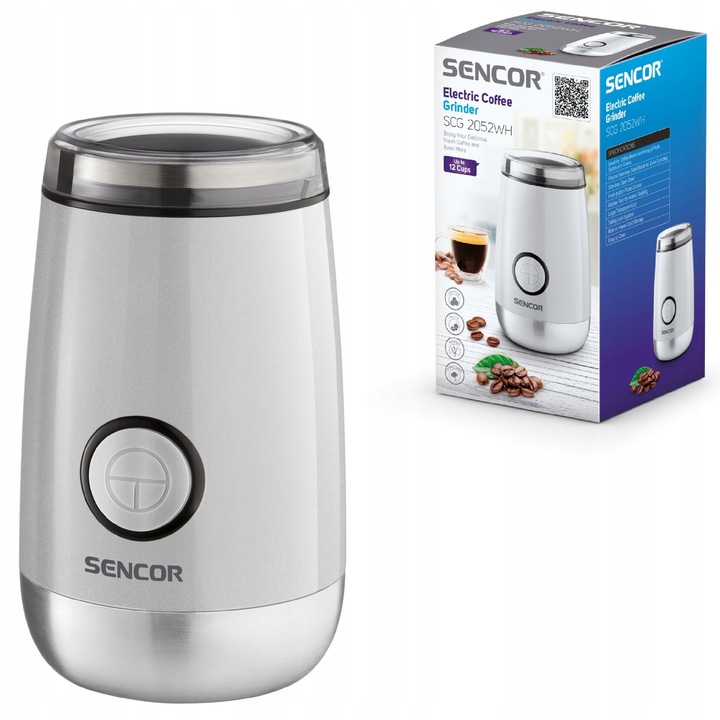 Електрическа кафемелачка Sencor SCG 2052WH, 150 W, остриета от неръждаема стомана, бяла, 60 г
