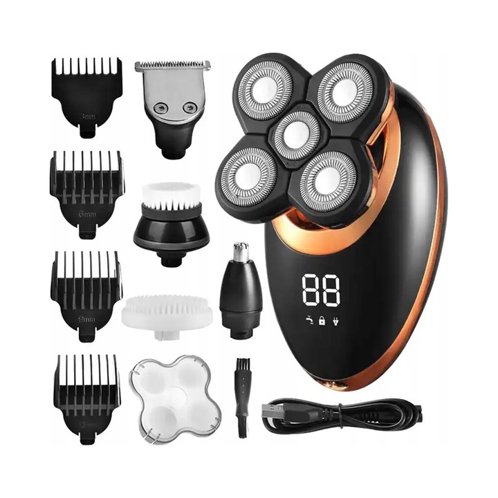 Aparat de tuns si ras Aptel, multifunctional cu acumulator si incarcare USB, 4 accesorii de taiere (3/6/9/12 mm), trimer pentru nas si urechi, lame din otel inoxidabil, autonomie pana la 90 min, negru/auriu, 1 buc