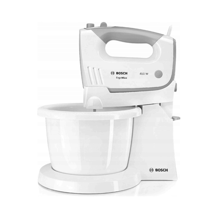 Mixer de mana / mixer cu bol Bosch ErgoMixx MFQ36490, 450 W, cu bol rotativ si tocator, alb, 1 buc