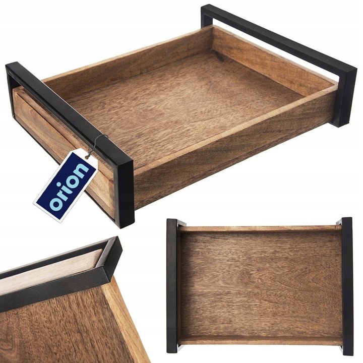 Tava de servire Orion din lemn de mango, cu manere metalice negre, antiderapant, 35,5 x 27 x 8,5 cm, maro, 1 buc