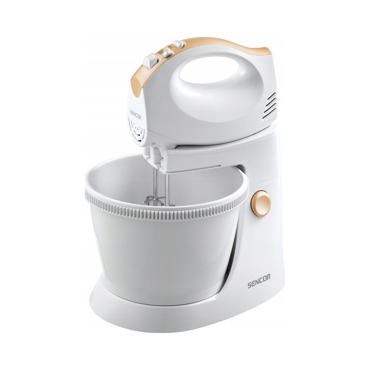 Sencor SHM 5330-EUE3 kézi mixer/kézi turmixgép, 500W, 5 sebességfokozat, turbó funkció, forgó tál, felhajtható kar, fehér/narancssárga