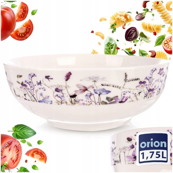 Bol Orion Louka din portelan, salatera eleganta, castron pentru servire, cu decor flori de camp, compatibil masina de spalat vase si microunde, alb, 1,6 l
