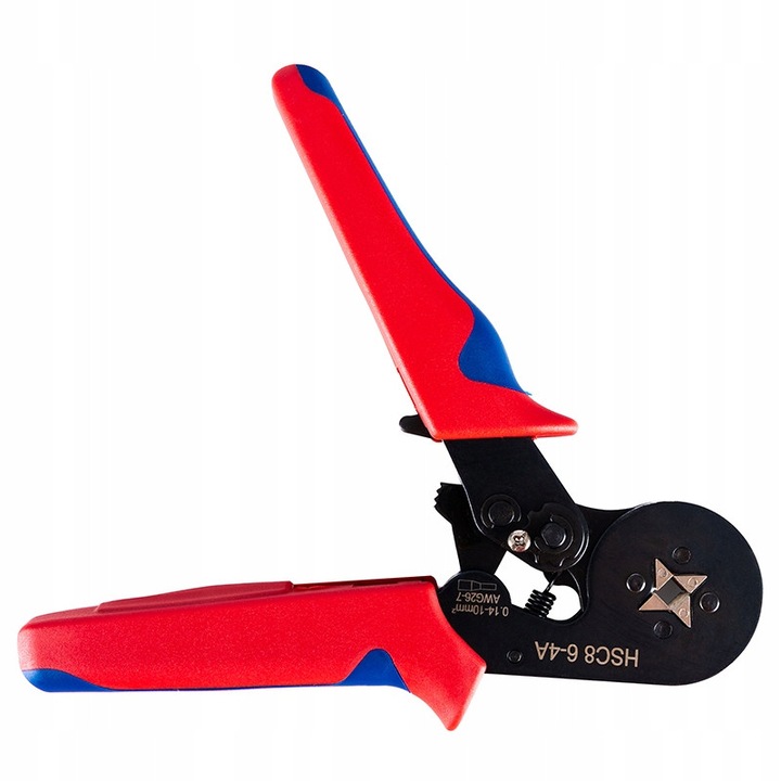Cleste de sertizare Gotel HSC8-6-4A, interval 0,14-10 mm², mecanism cu clichet si sistem de prindere in patru puncte, maner ergonomic cauciucat, rosu/albastru, 1 buc + 500 mufe terminale