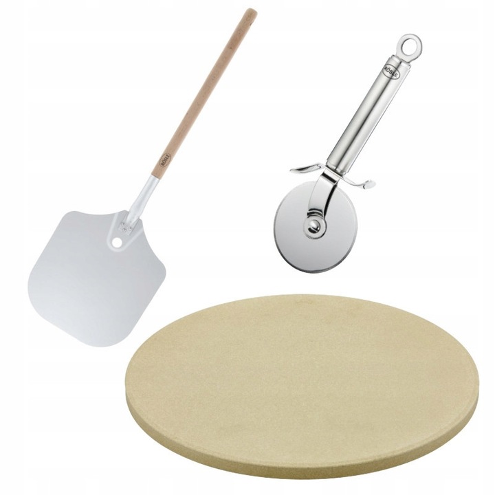 Roesle pizzakészítő szett, kordierit kő O 30 cm, hosszú fa nyelű lapát, 18-10 rozsdamentes acél pizzavágó, bézs/krém, 3 részes