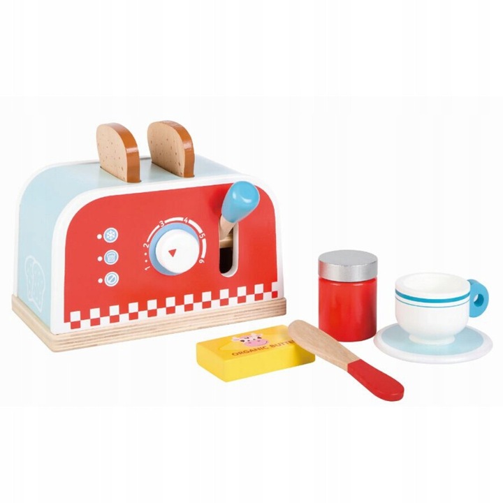 Toster jucarie Lelin set mic dejun lemn alb rosu 18x12x11cm