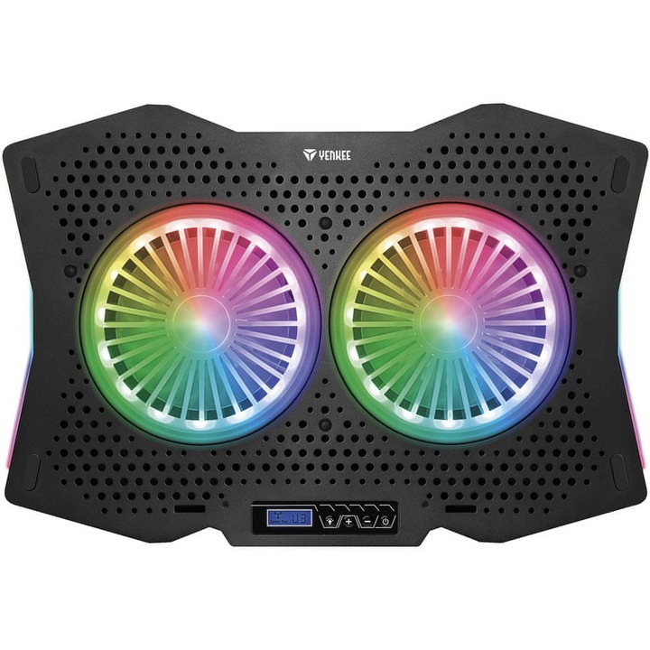 Pad de racire pentru laptop, Yenkee, YSN 310, placa metalica, 2 ventilatoare 115 mm RGB (10 moduri) cu afisaj LCD si reglaj viteza, Negru, 410 x 280 x 34 mm