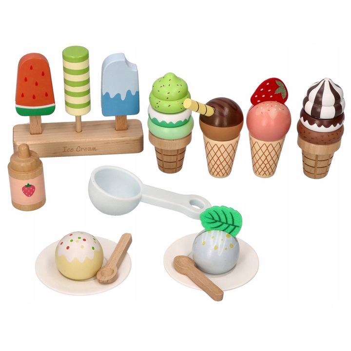 Set lemn pentru servit inghetata Lelin 27 piese multicolor 18m+