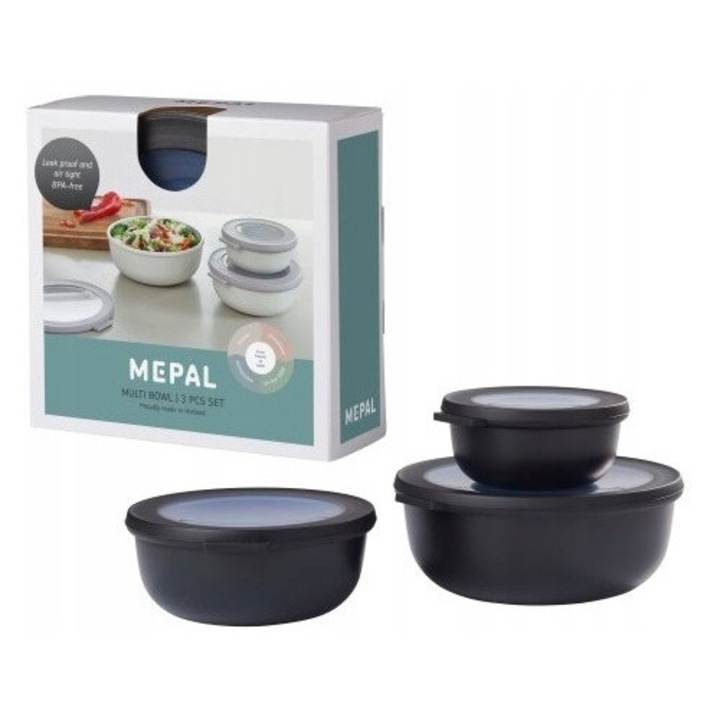 Mepal Cirqula 3 részes ételtároló szett, légmentesen záródó fedéllel, mikrohullámú sütőben és fagyasztóban is használható, BPA-mentes, fekete, 350 ml/750 ml/1250 ml
